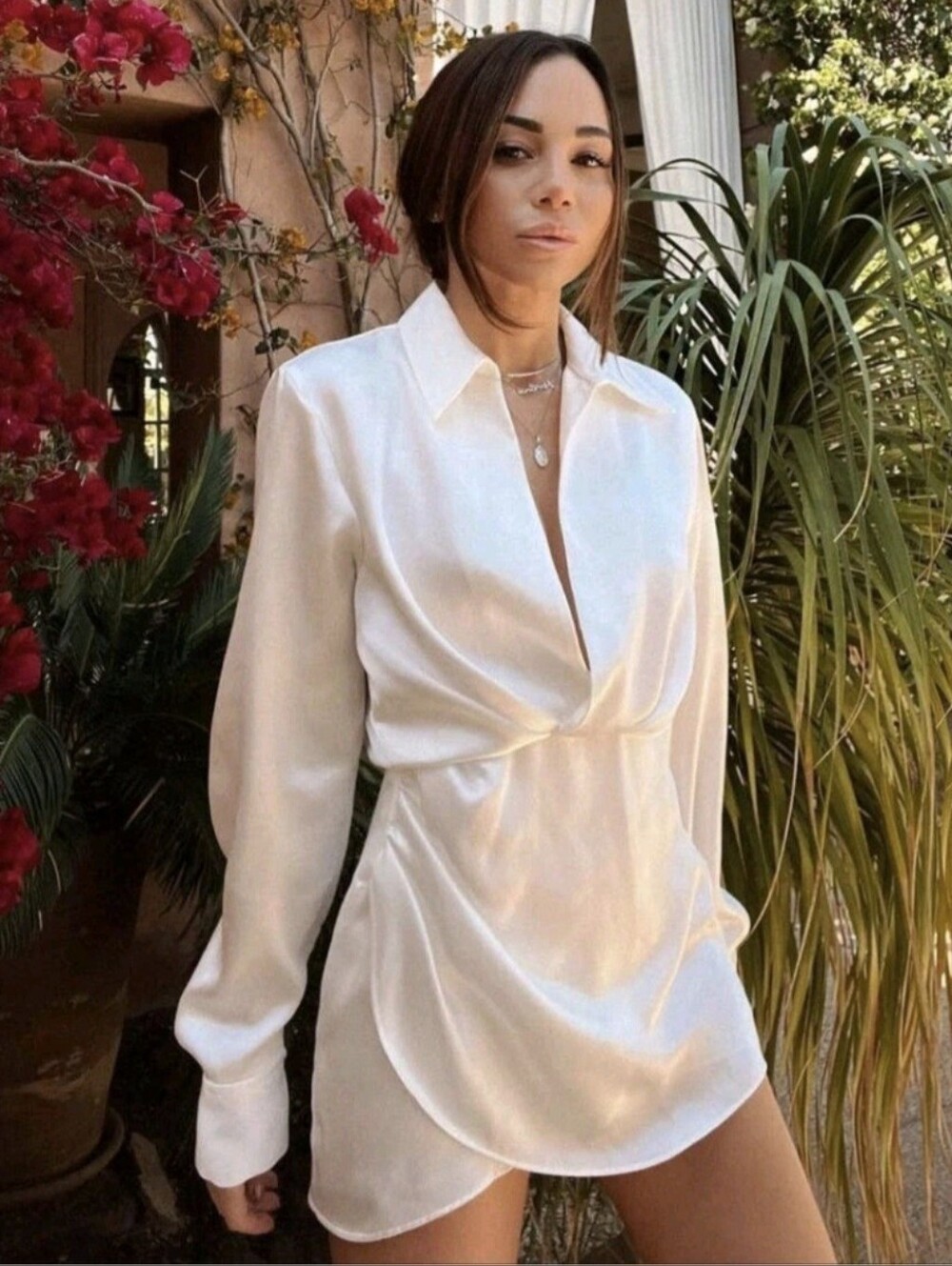 Zara Women's L White Silk Effect Draped Long Sleeve Shirt Dress 4437/098 NWT - Picture 2 of 16